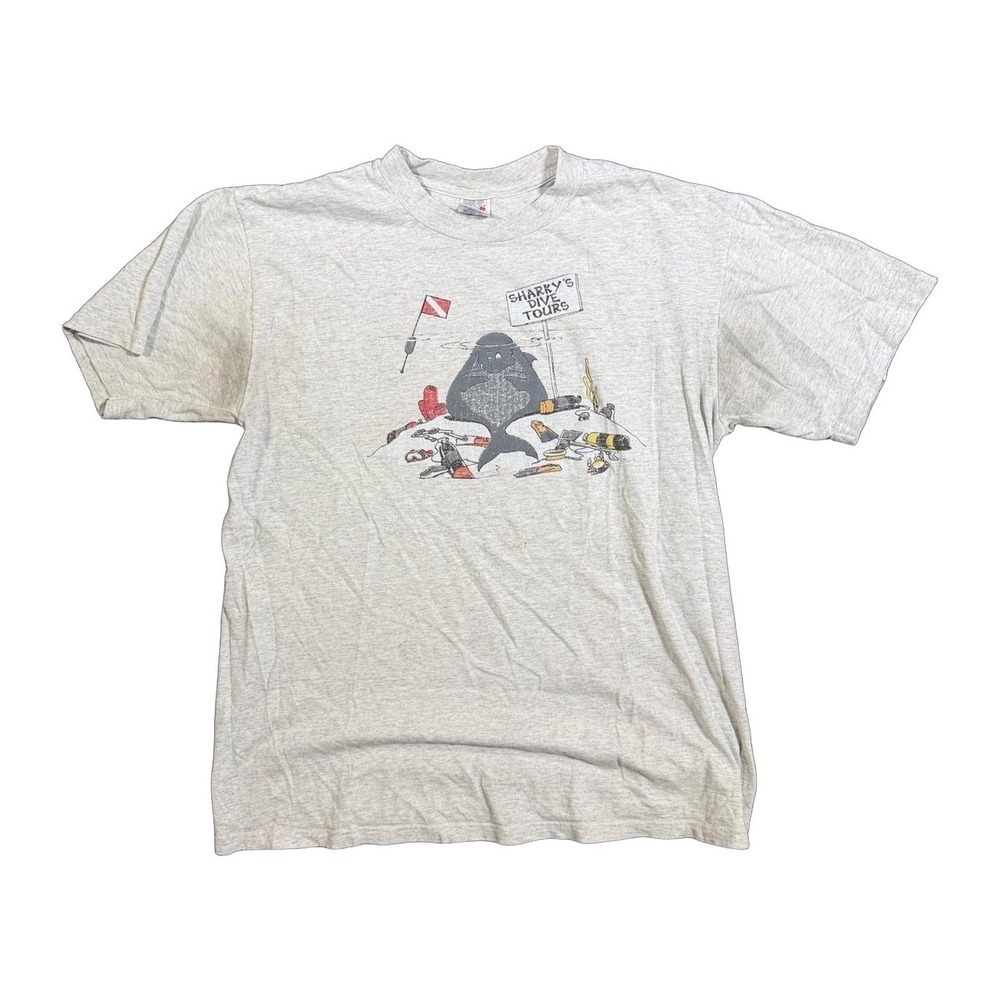 Vintage Jerzees Sharky's Dive Tours Graphic T-Shirt Gray Mens Large USA Made